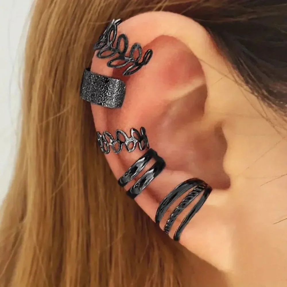 Ear Cuff Bands Clips Rings 5pc Black Adjustable Beach Vacation Boho Edgy Trendy - Picture 2 of 3